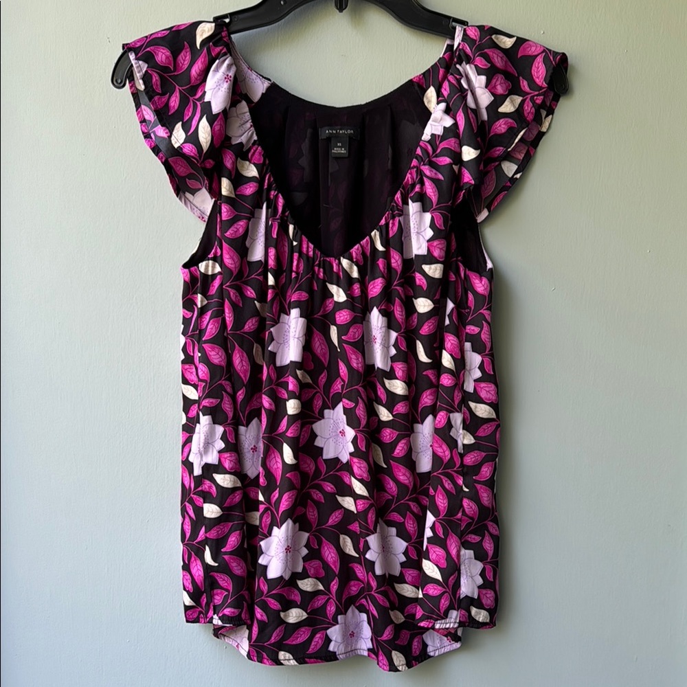 Ann Taylor Pink and Black Ruffled Sleeveless Blouse